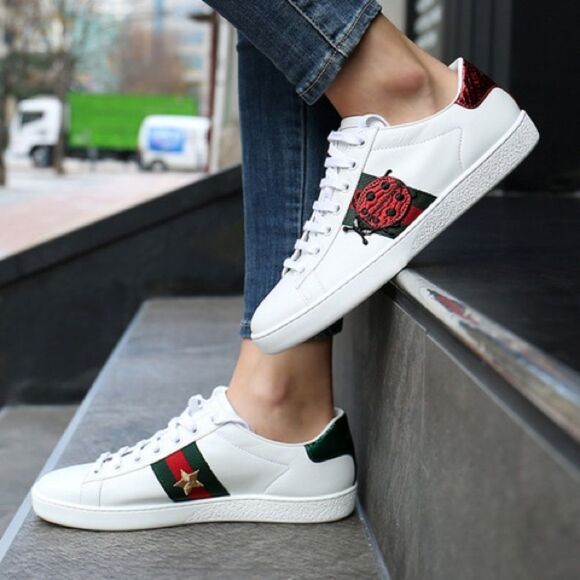 Gucci White Leather Embroidered Ladybug And Pineapple Ace Sneakers Size 36.5 - Picture 1 of 15